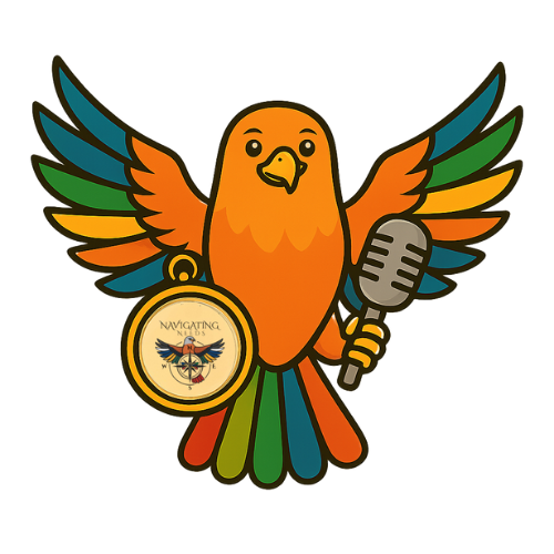 Illustrated orange hawk mascot with rainbow-colored wings, holding a microphone in one talon and a gold compass featuring the Navigating Needs logo in the other. Used as the official webinar mascot for Navigating Needs, symbolizing voice, advocacy, and inclusive guidance for the neurodivergent community.